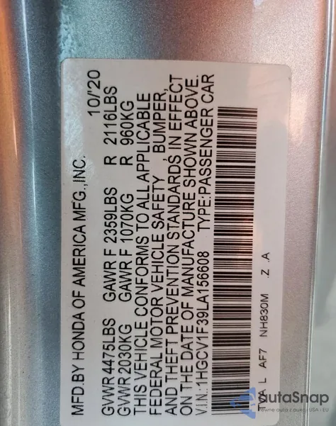 2020 Honda Accord Sport из США, поврежденный, VIN 1HGCV1F39LA156608